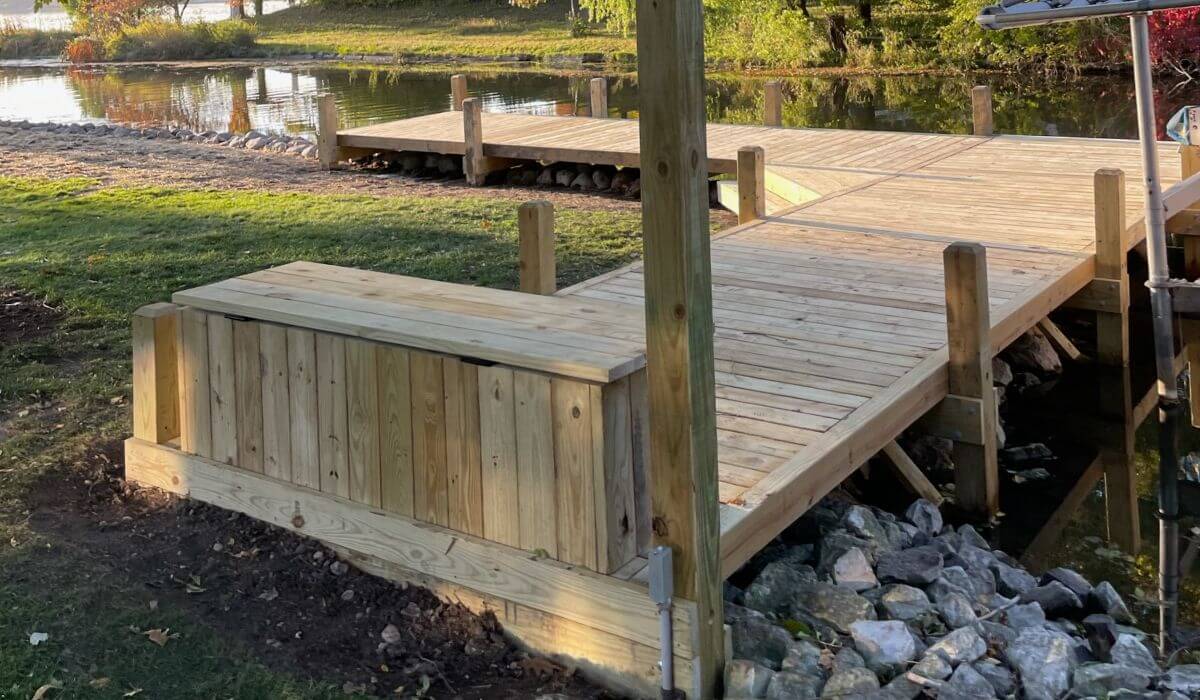 Dock built into existing shoreline on Nagawicka Lake, Waukesha Wisconsin.